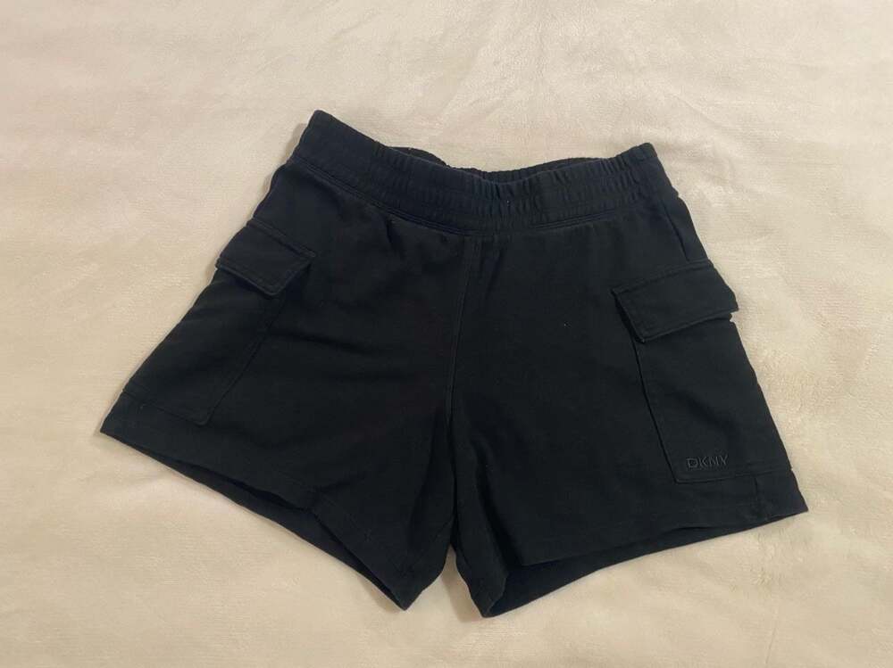 DKNY Women's Black French Terry Elastic Waist Cargo Shorts